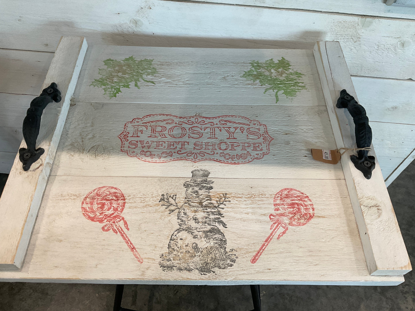 Timber & Grace - Rustic White Wooden Tray with Snowman