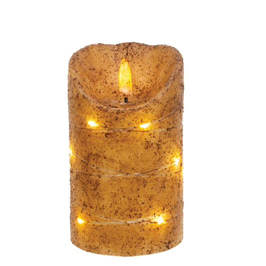 The Hearthside Collection - 5” Burnt Ivory Wrapped Flicker Flame Timer Pillar