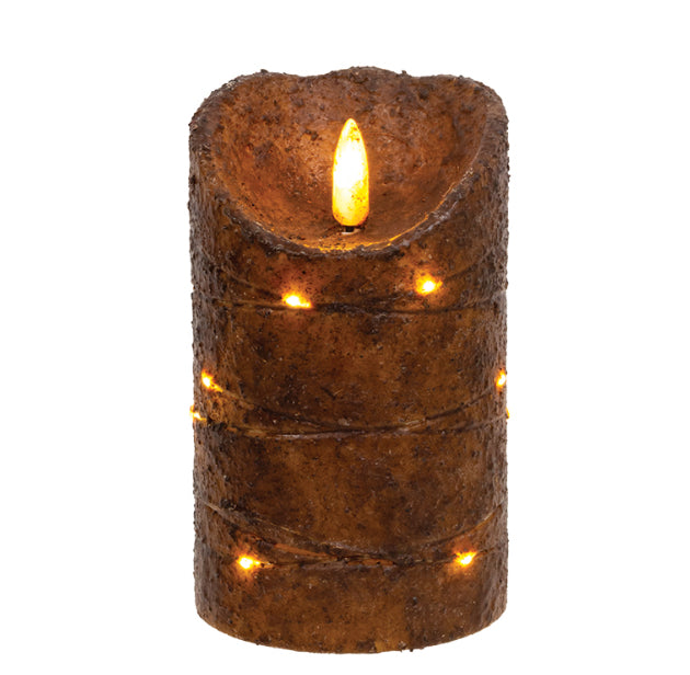 The Hearthside Collection - 5” Burnt Mustard Wrapped Flicker Flame Timer Pillar