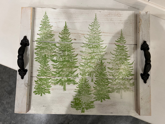 Timber & Grace - Rustic White Wooden Tray with Pine Forest