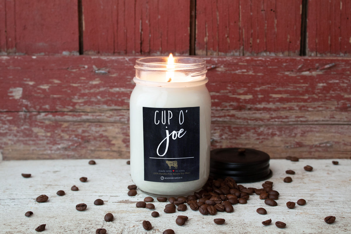 Milkhouse Candles 13oz Farmhouse Mason Jar in Cup O’ Joe. Fresh roasted coffee beans.