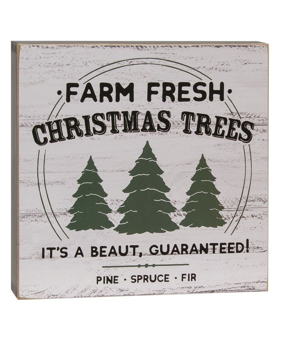 A vintage style Christmas tree sign with 'Farm Fresh Christmas' text and three evergreen trees on a white distressed barn wood look background.