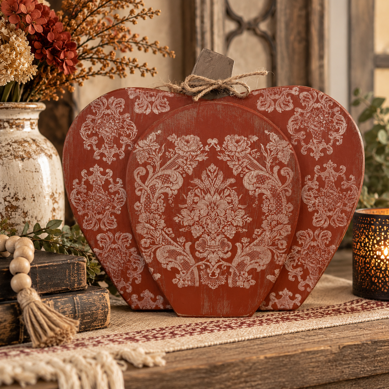 Warm fall color meets beautiful boho-inspired detail in this handcrafted wood pumpkin.