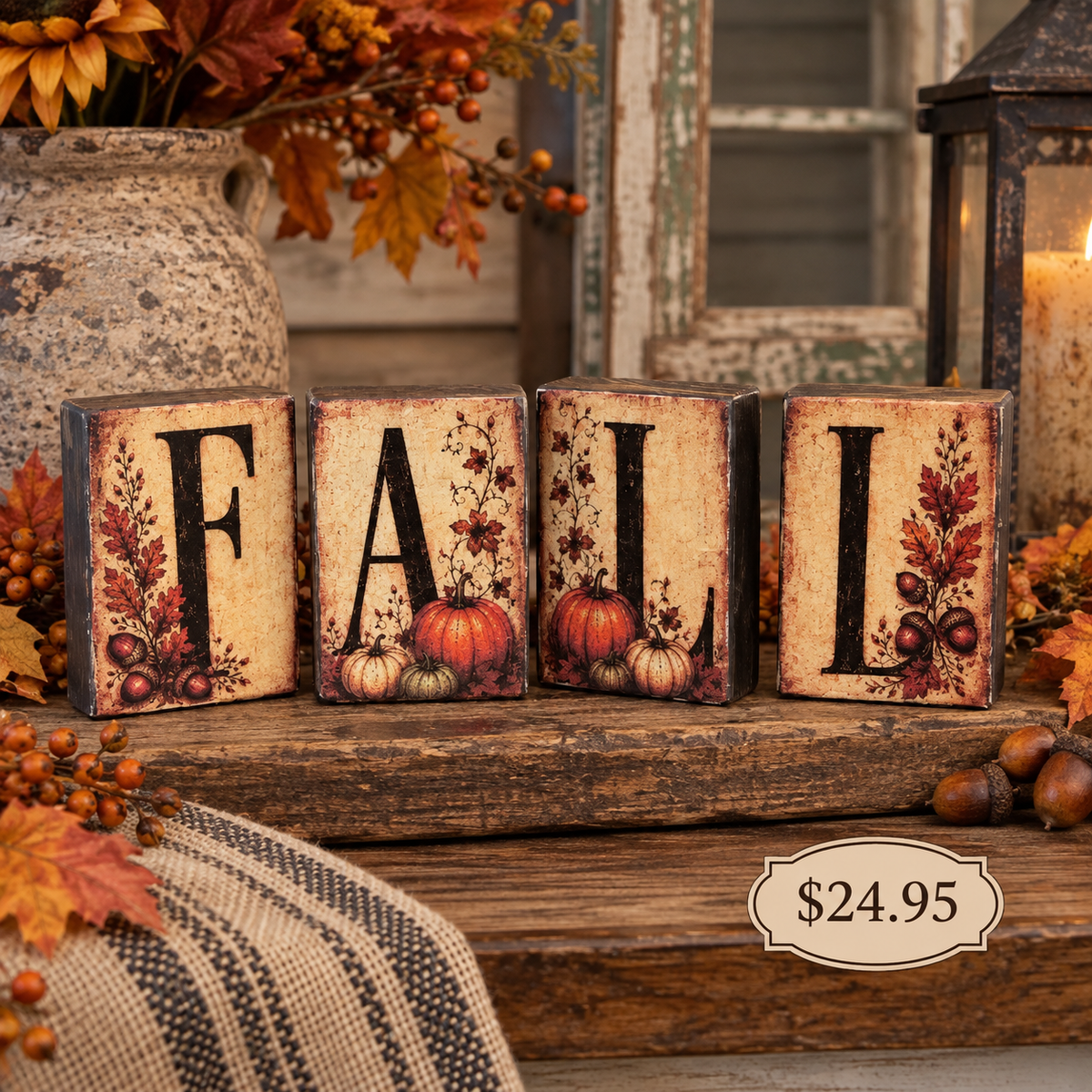 Four rustic wooden block letters spelling FALL, decorated with autumn pumpkins, acorns, and leaves.