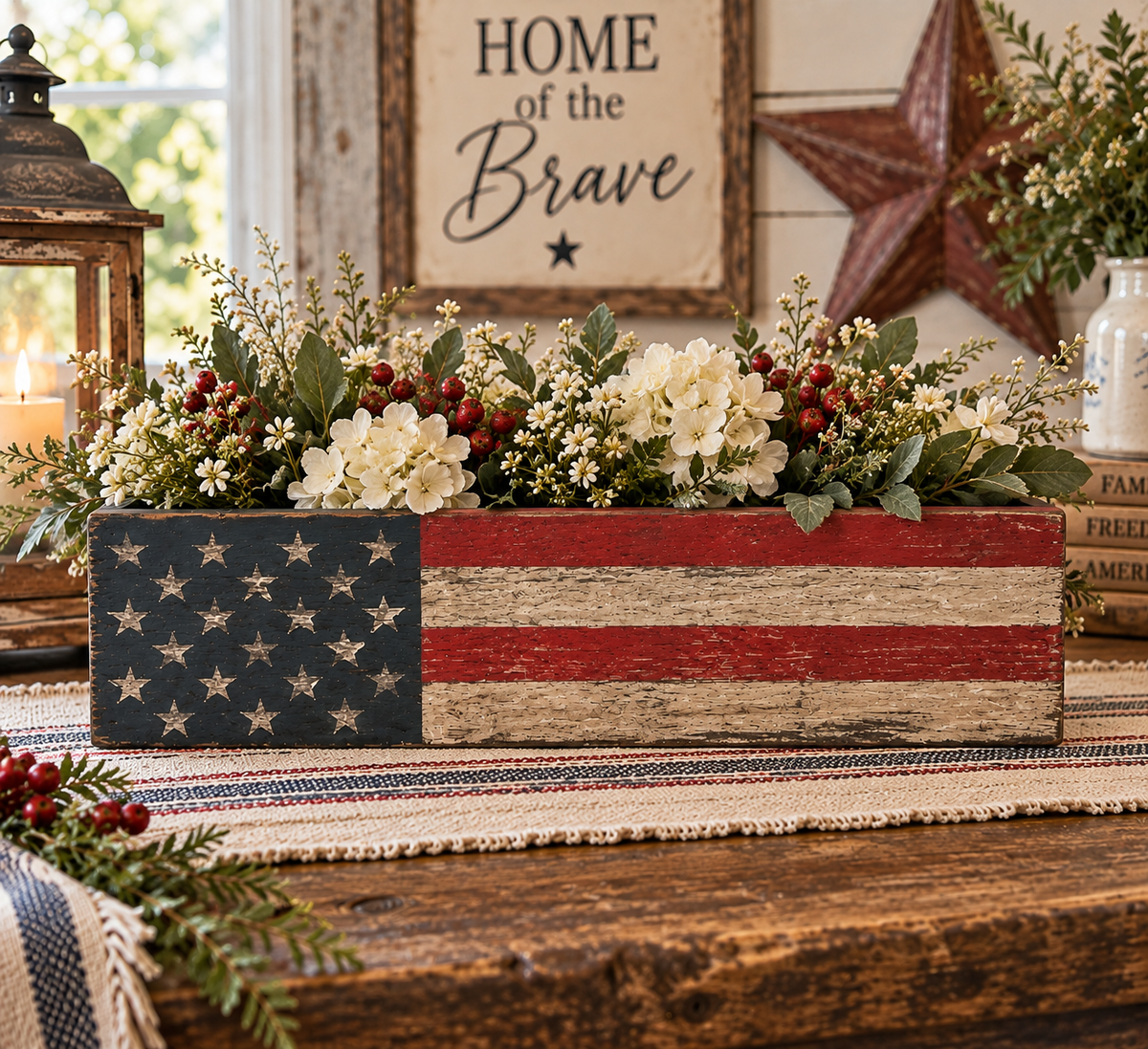 Rustic wood with an aged finish highlights this American Flag Centerpiece Box. Handcrafted by Timber & Grace.