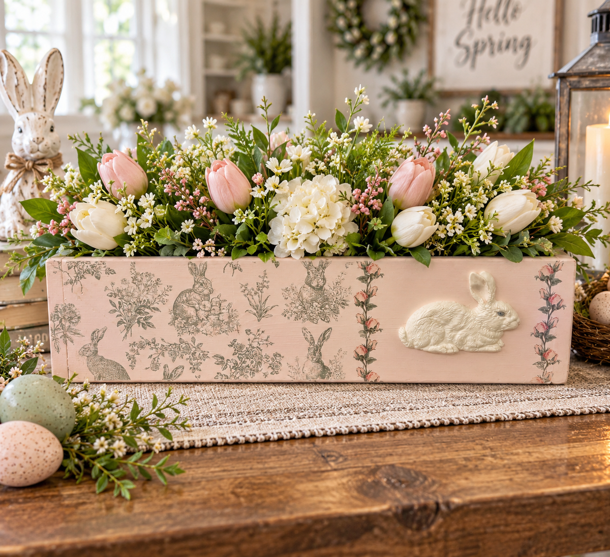 Vintage style Spring Bunny Centerpiece Box shown with spring florals.