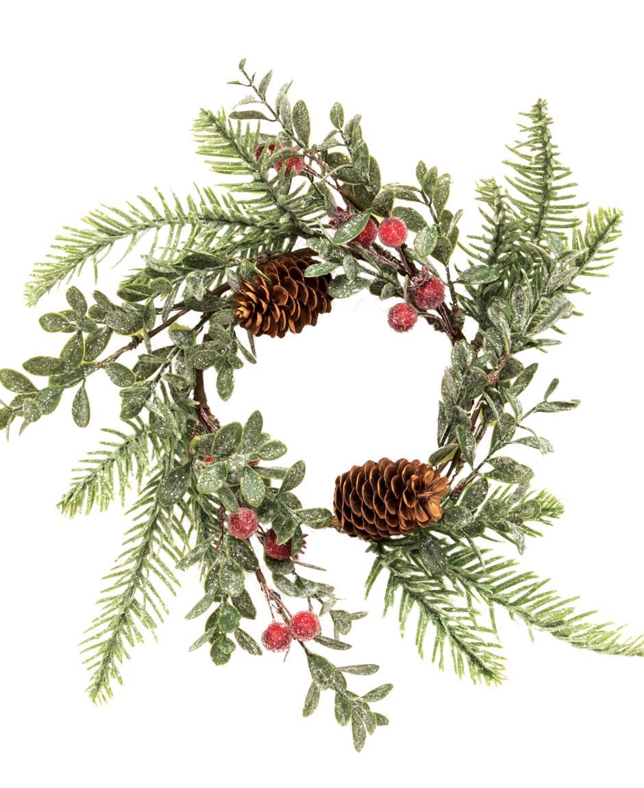 The Sugar Berry Pine Candle Ring brings a touch of festive color to any display. It includes sprigs of short needle pine greenery blended with mistletoe, icy red berries, and pinecones. 