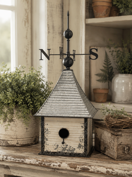 Ragon House - Aged White Galvanized Weathervane Birdhouse