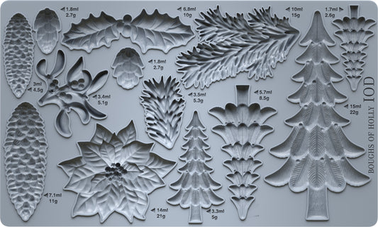 Mould packed with Evergreen  tree castings, beautiful poinsettia blossom, and pine-needle boughs.
