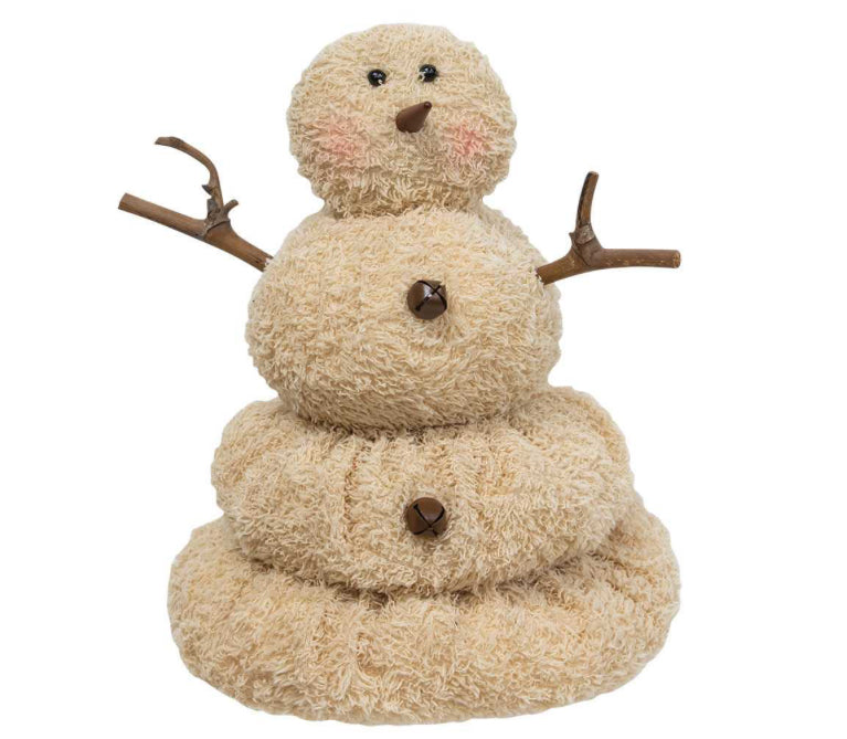 Large weighted vintage snowman melting. Coal looking eyes, carrot nose, buttons, and twig arms.