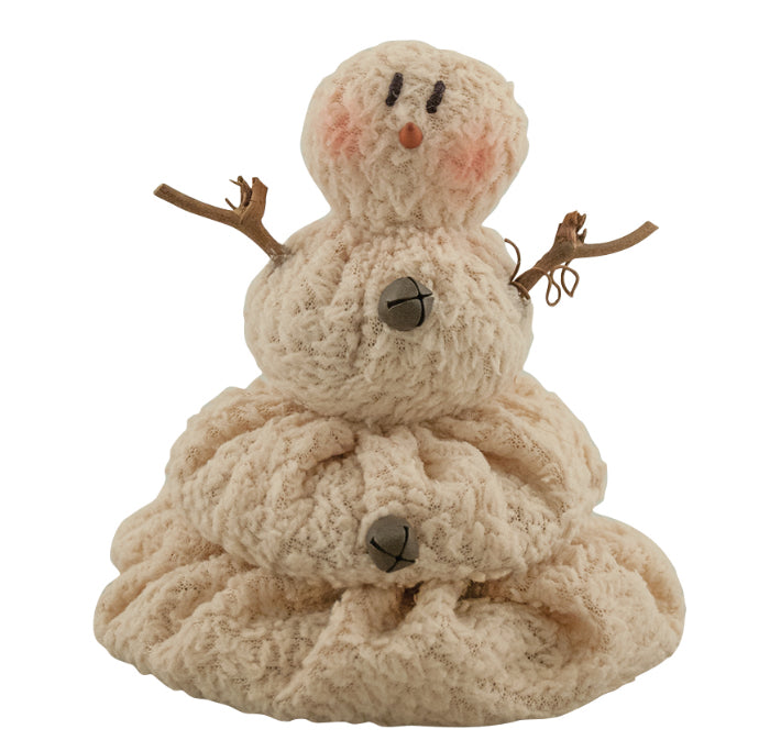 A beige, freestanding, plush snowman with three-dimensional features, including eyes, nose, and buttons. Its arms are made of twigs and it has a weighted body.
