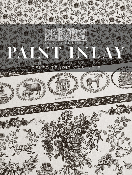 A paint inlay pad with various floral and traditional designs, labeled 'Paint Inlay' by Iron Orchid Designs.