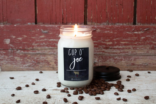 Milkhouse Candles 13oz Farmhouse Mason Jar in Cup O’ Joe. Fresh roasted coffee beans. 