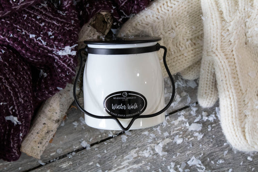 Milkhouse Candles Winter Walk. A reminder of snowy winter days, mittens, and brisk air.