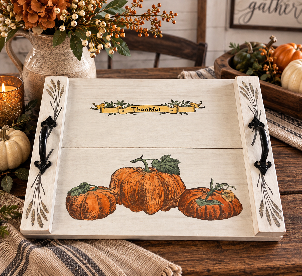 Thankful Harvest tray in a farmhouse white. Handcrafted by Timber & Grace