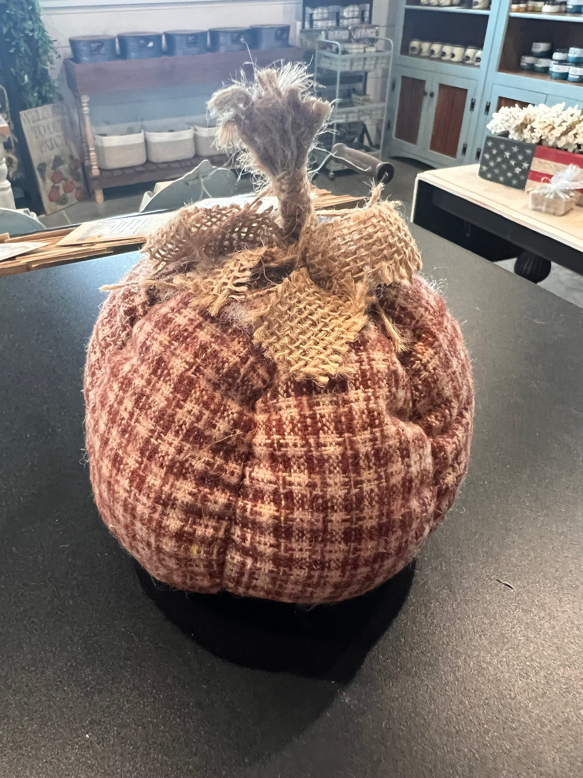 A small decorative fabric country plaid pumpkin in assorted colors topped with a rustic burlap stem and bow. 