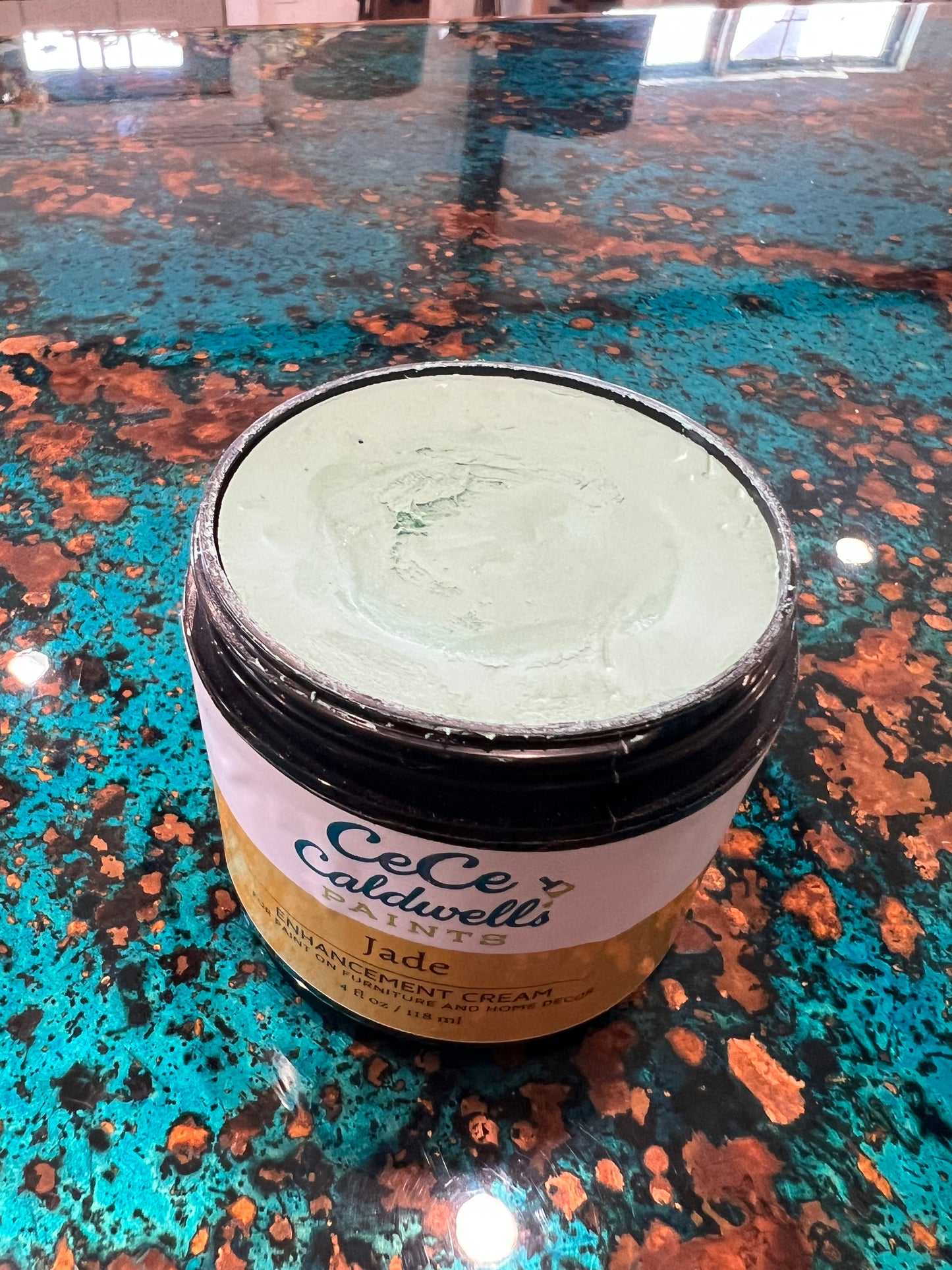 CeCe Caldwell's Jade Enhancing Cream, 4oz., for enriching painted finishes and creating depth on furniture and home decor.