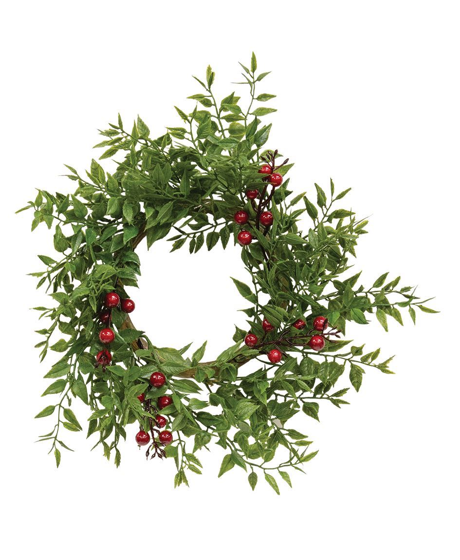 Perfect for wintertime candle displays, the stylish Lady Ruscus and Berries Candle Ring features a mix of red berries and green pointed leaves. winter.