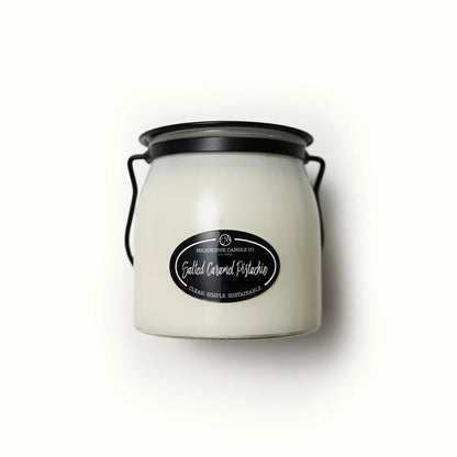 Close-up of 16 oz Salted Caramel Pistachio candle and label.