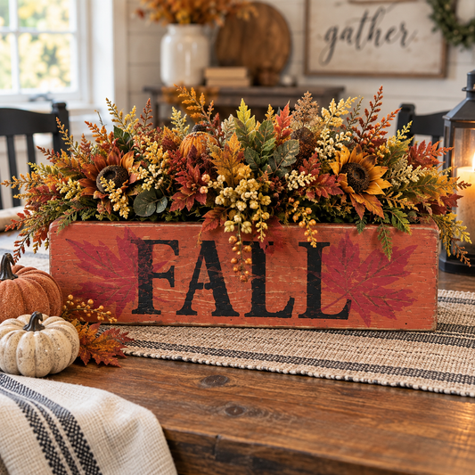 Rustic fall centerpiece box shown wth fall florals. Handcrafted by Timber & Grace.