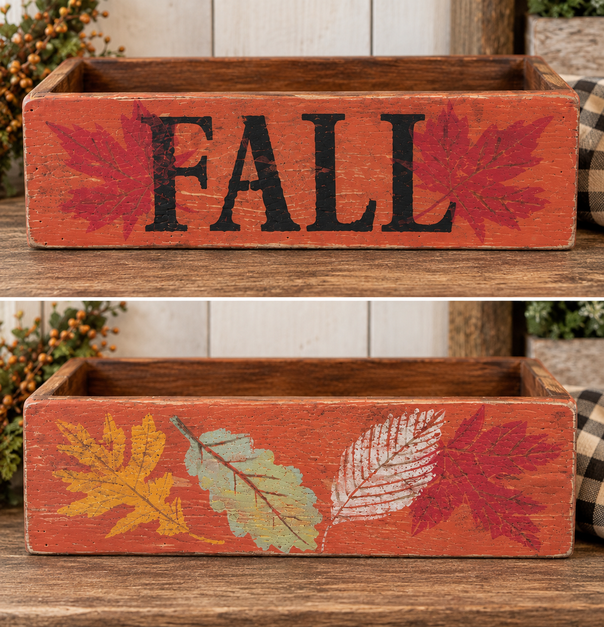 Handcrafted by Timber & Grace. Rustic fall centerpiece box shown front and back.