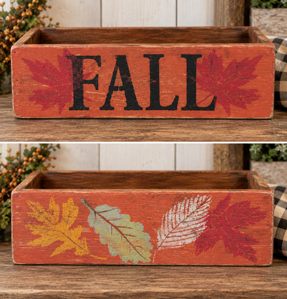 Handcrafted by Timber & Grace. Rustic fall centerpiece box shown front and back.