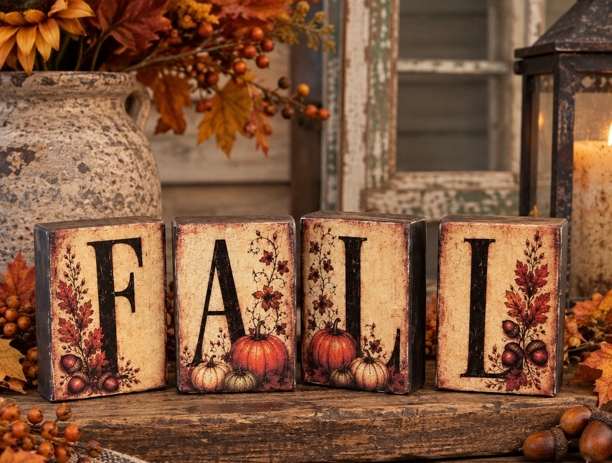 Four rustic wooden block letters spelling FALL, decorated with autumn pumpkins, acorns, and leaves, displayed on a wooden surface with fall decor in the background.