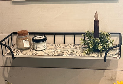Timber & Grace upscale 22” wire basket shelf with Cuban tile design in a distressed white finish.