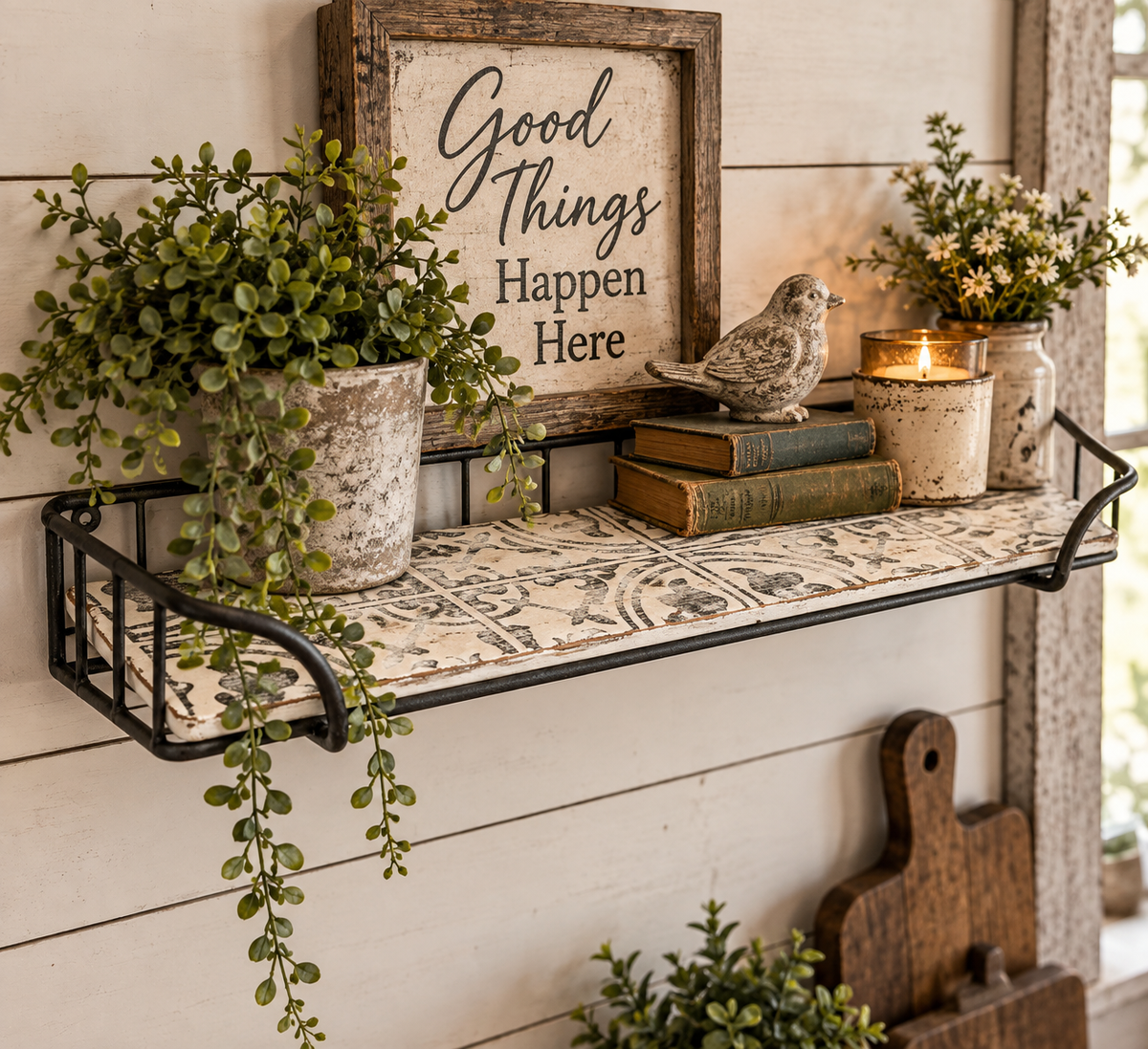 Upscale shelf by Timber & Grace. Black metal basket frame with aged white shelf with Cuban Tile design.   