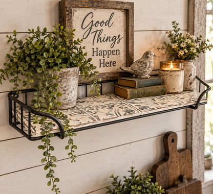 Upscale shelf by Timber & Grace. Black metal basket frame with aged white shelf with Cuban Tile design.   