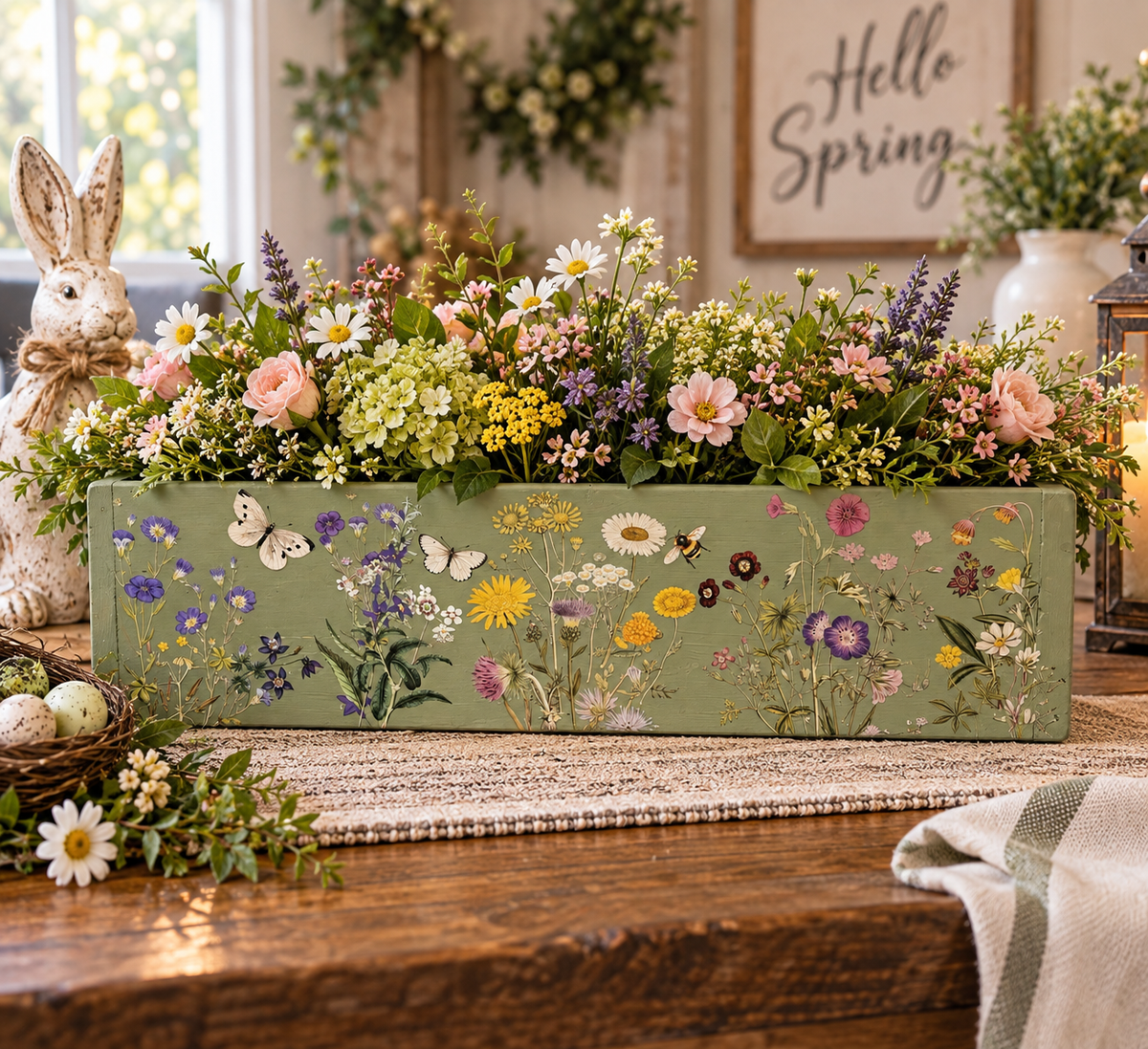 Rustic green centerpiece ix made with wildflower design. Handcrafted by Timber & Grace