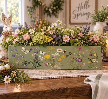 Rustic green centerpiece ix made with wildflower design. Handcrafted by Timber & Grace
