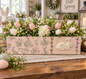 Vintage style Spring Bunny Centerpiece Box shown with spring florals.