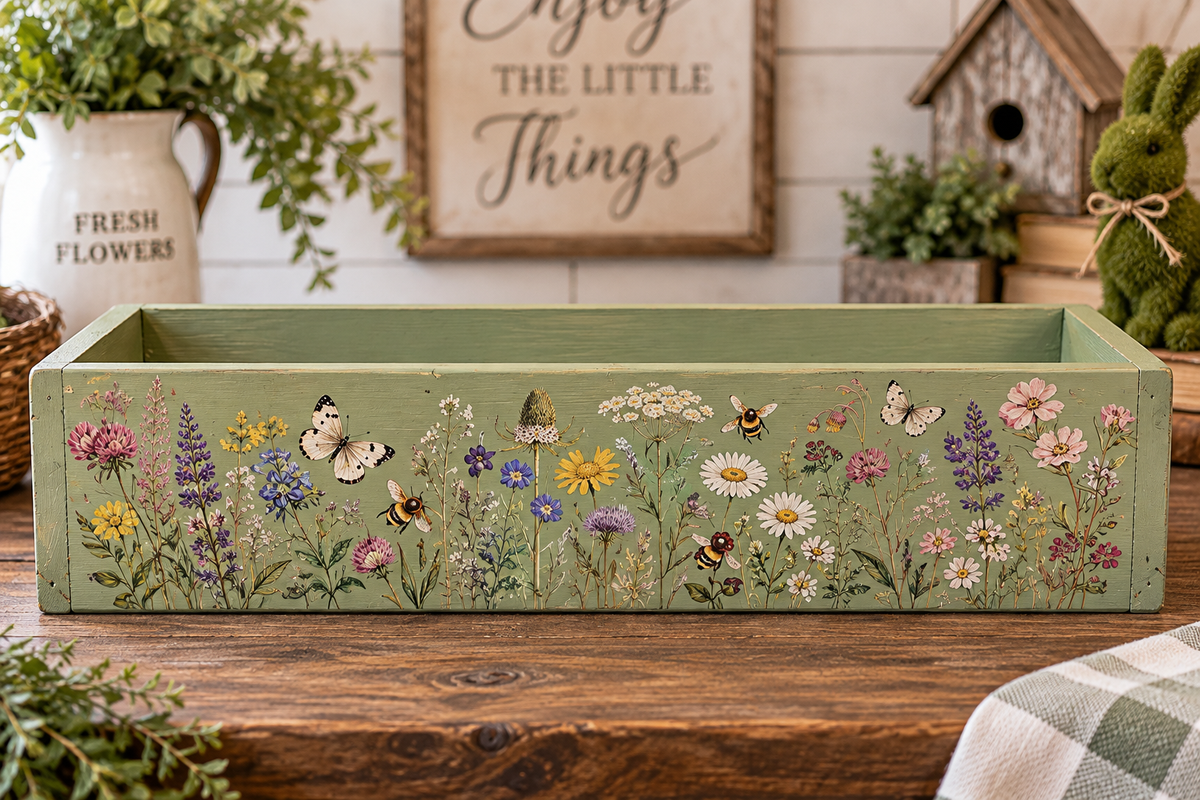 Rustic green centerpiece box with wildflower design. Great for storage or centerpieces. Handcrafted by Timber & Grace.
