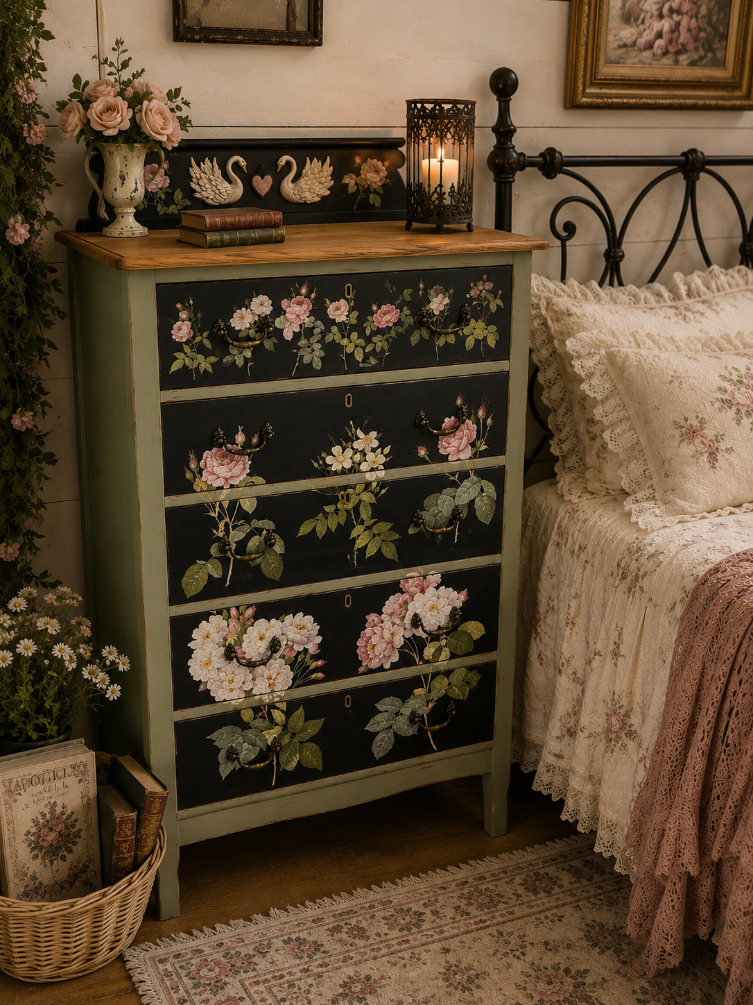 Rose Waltz one-of-a-kind antique dresser with restored wood top, romantic rose artwork, and vintage-inspired painted details by Timber & Grace.