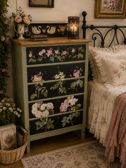 Rose Waltz one-of-a-kind antique dresser with restored wood top, romantic rose artwork, and vintage-inspired painted details by Timber & Grace.