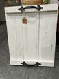 Rustic wood tray whitewashed with black iron handles makes the perfect addition to your farmhouse.